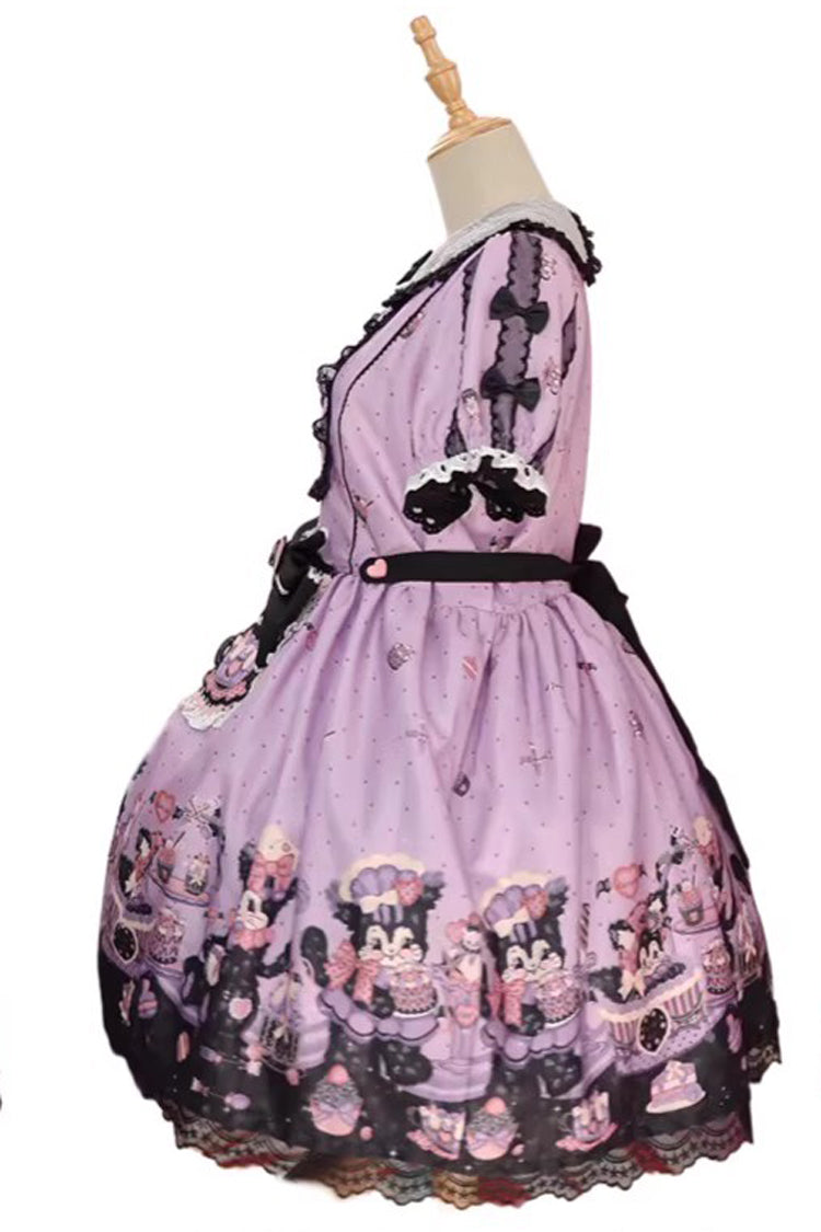 Purple Devil Cat Print Short Sleeves Ruffle Bowknot Lace Gothic Lolita OP Dress (Plus Size Support)