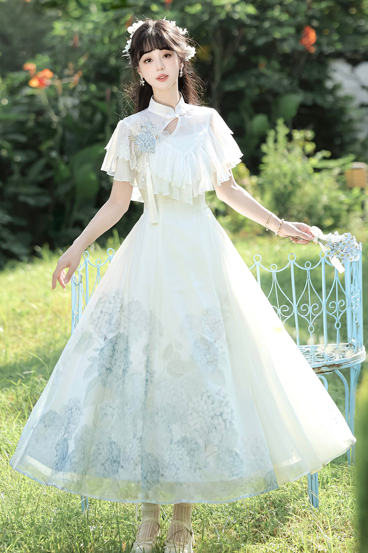White Hydrangea Message Short Sleeves Print Ruffle Lace Sweet Chinese Style Elegant Lolita Dress