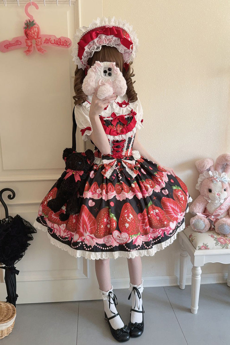 Sweet Berry Tale Strawberry Print Ruffle Bowknot Lace Sweet Lolita Jsk Dress 4 Colors