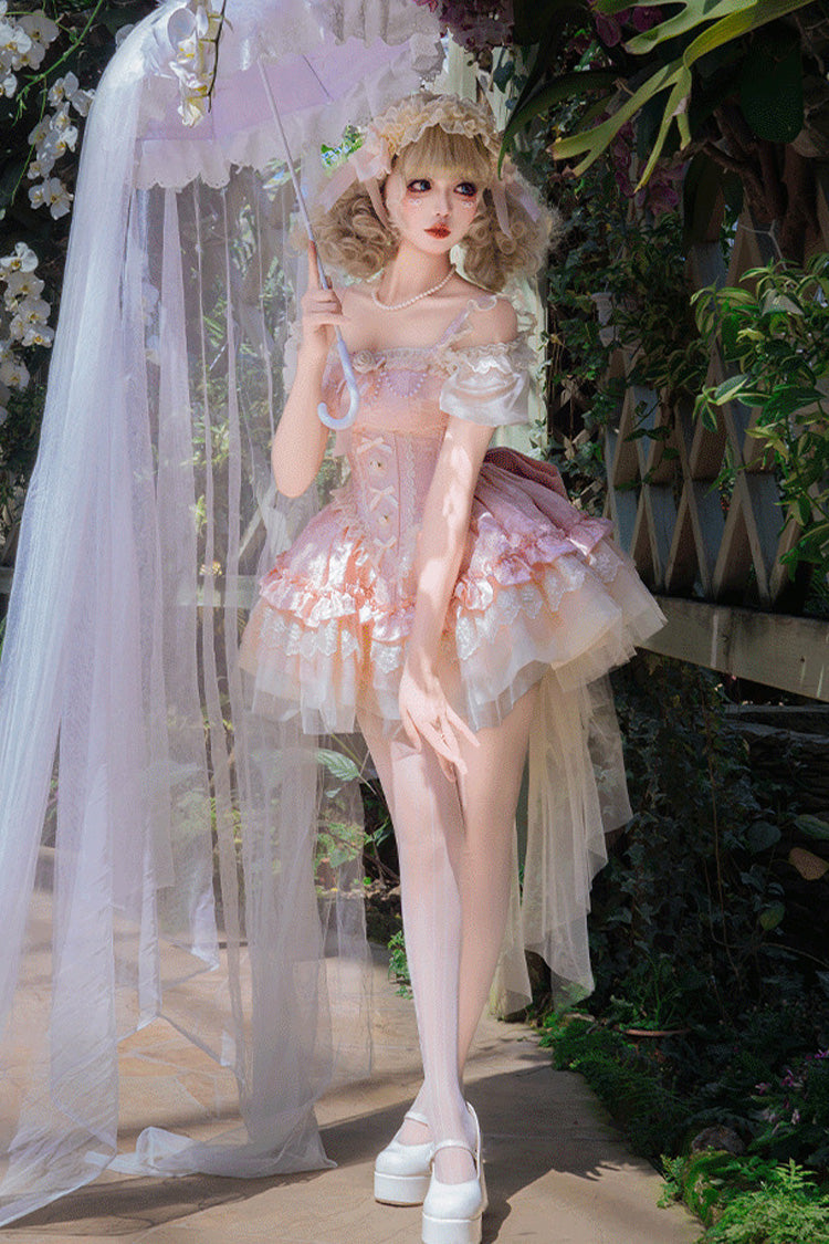 Pink Sleeveless Multi-Layered Ruffle Bowknot Lace Lace-Up Sweet Princess Lolita Jsk Dress