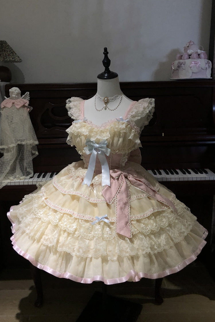 Yellow Cream Puff Mille-Feuille Sleeveless Multi-Layered Bow Lace Sweet Lolita Jsk Dress