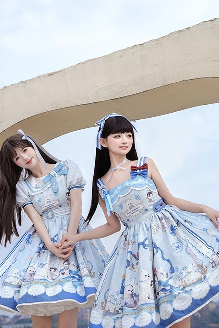 Blue Penguin Navy Short Sleeves Print Ruffle Bowknot Sweet Princess Lolita Dress