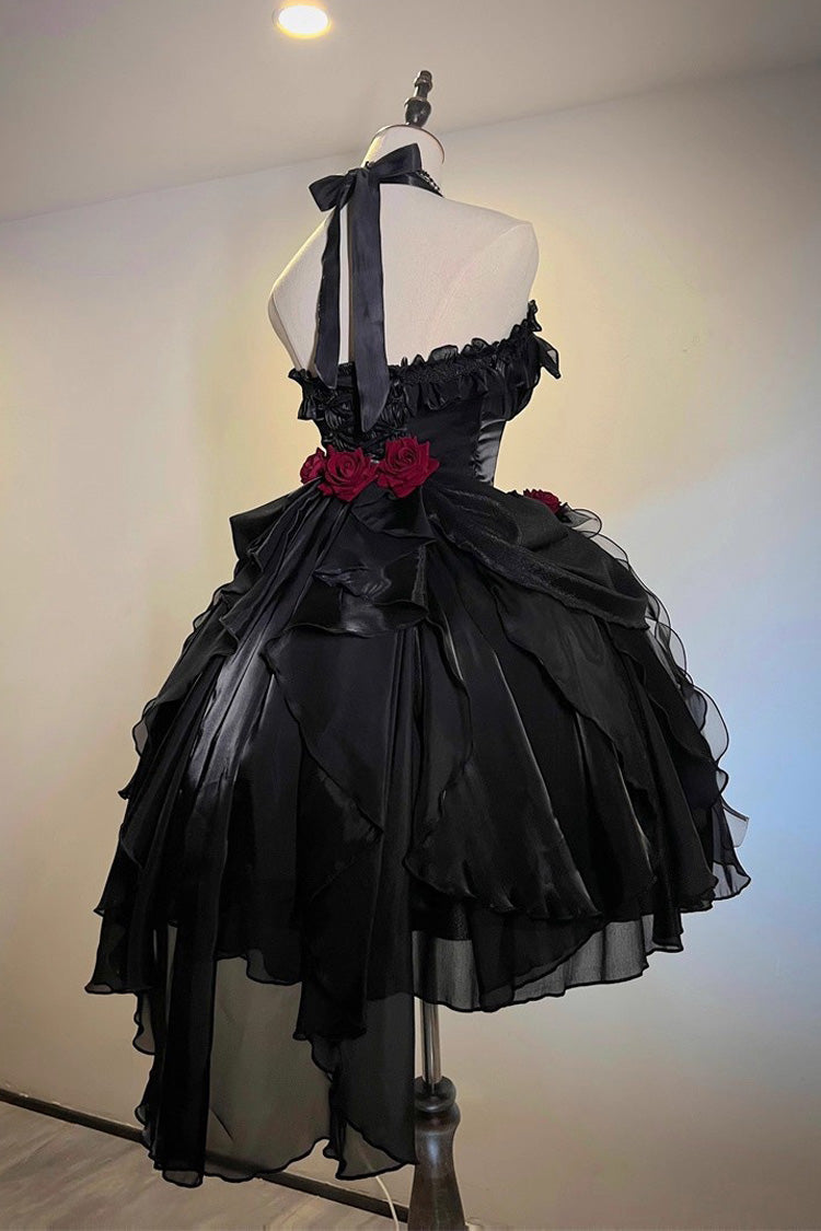Black Cindy Rose Halterneck Sleeveless Ruffle Bowknot Gothic Elegant Lolita Jsk Dress