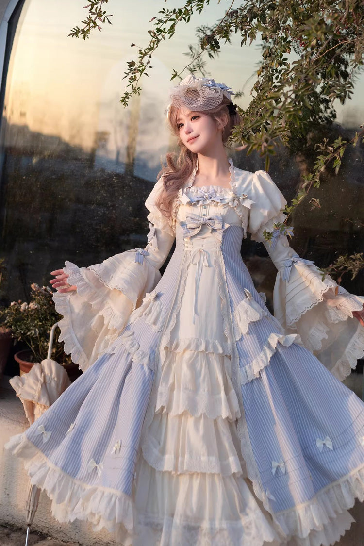 Blue Letter Paper Sleeveless Double-Layered Printed Ruffled Open-Front Bow Lace-Up Sweet Lolita Jsk Dress (Long Version)