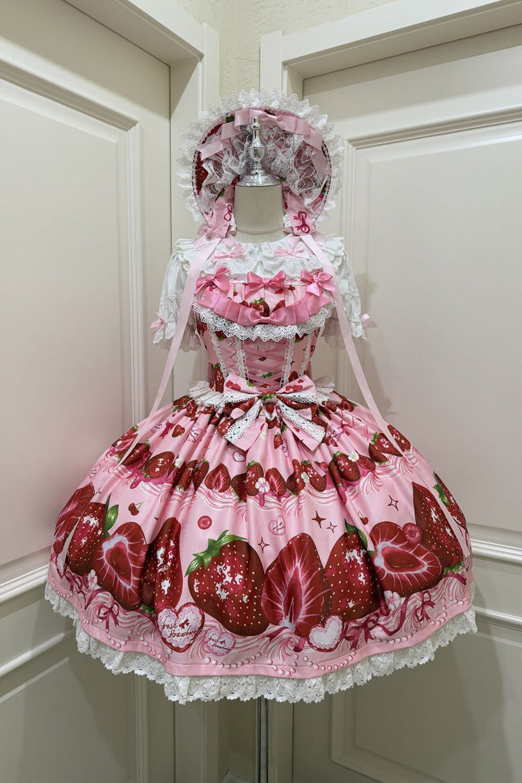 Sweet Berry Tale Strawberry Print Ruffle Bowknot Lace Sweet Lolita Jsk Dress 4 Colors