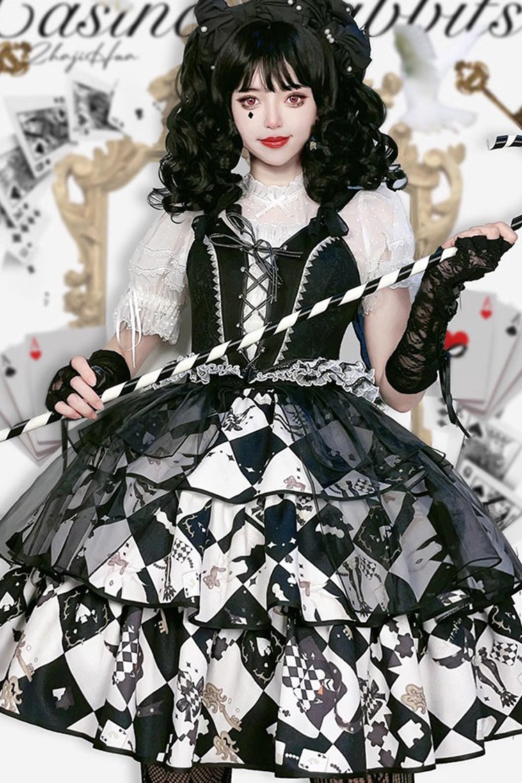 Black/White Board Games Triple-Layered Print Ruffle Vintage Lolita Skirt