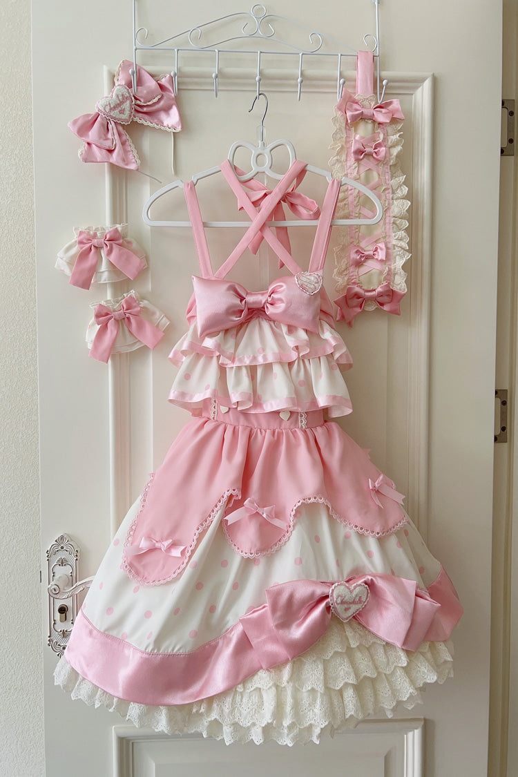 Pink Cream Multi-Layered Polka Dots Print Ruffle Bowknot Sweet Lolita Jsk Dress