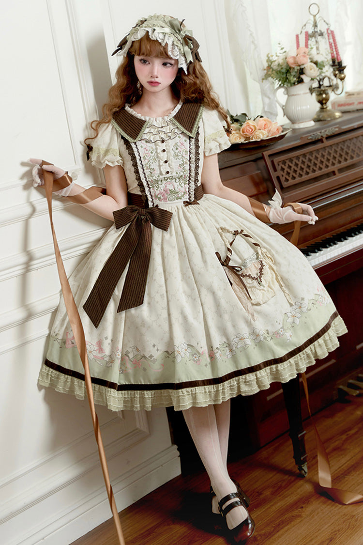 Green/Ivory Lily Short Sleeves Print Ruffle Embroidery Bowknot Lace Sweet Elegant Lolita Dress