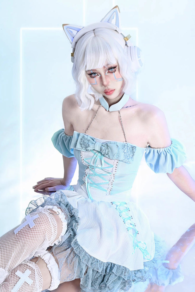 White Virtual Idol Ruffle Lace Lace-Up Sweet Lolita Skirt