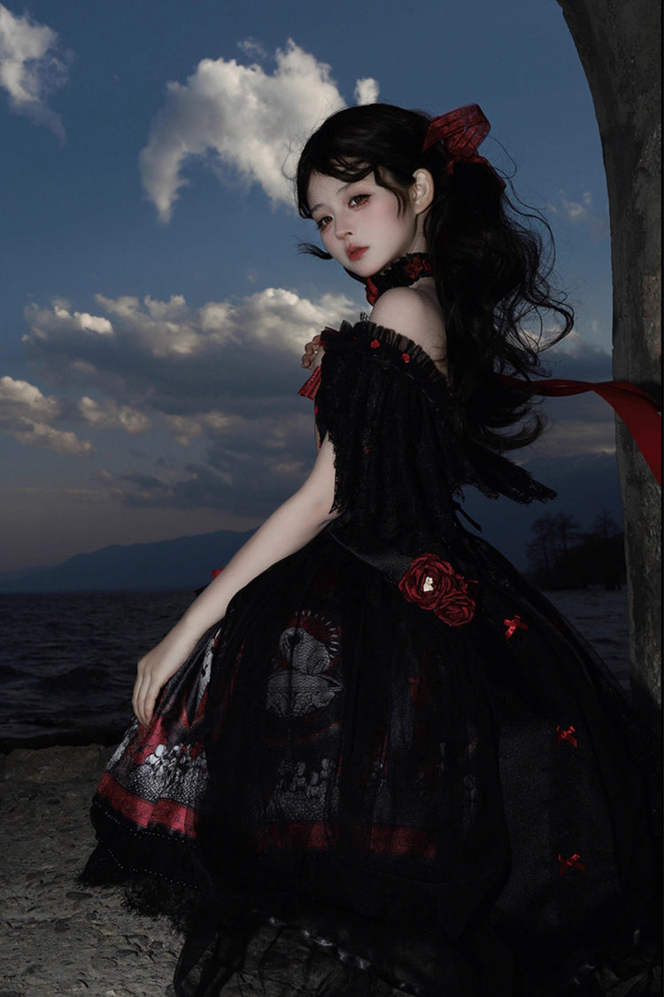 Red Dark Moon Corridor Print Embroidery Gothic Lolita Dress Skirt