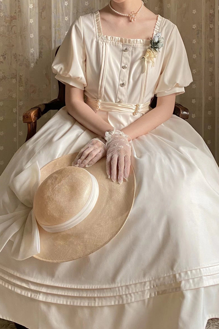 Apricot Random Thoughts Square Collar Short Sleeves Ruffle Classic Vintage Elegant Lolita Dress