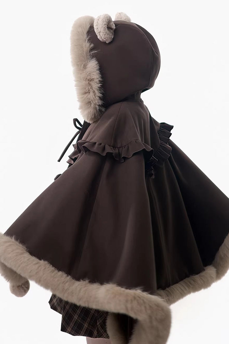 Brown Fluffy Little Bear Plaid Printed Ruffled Bow Sweet Lolita Strap Dress