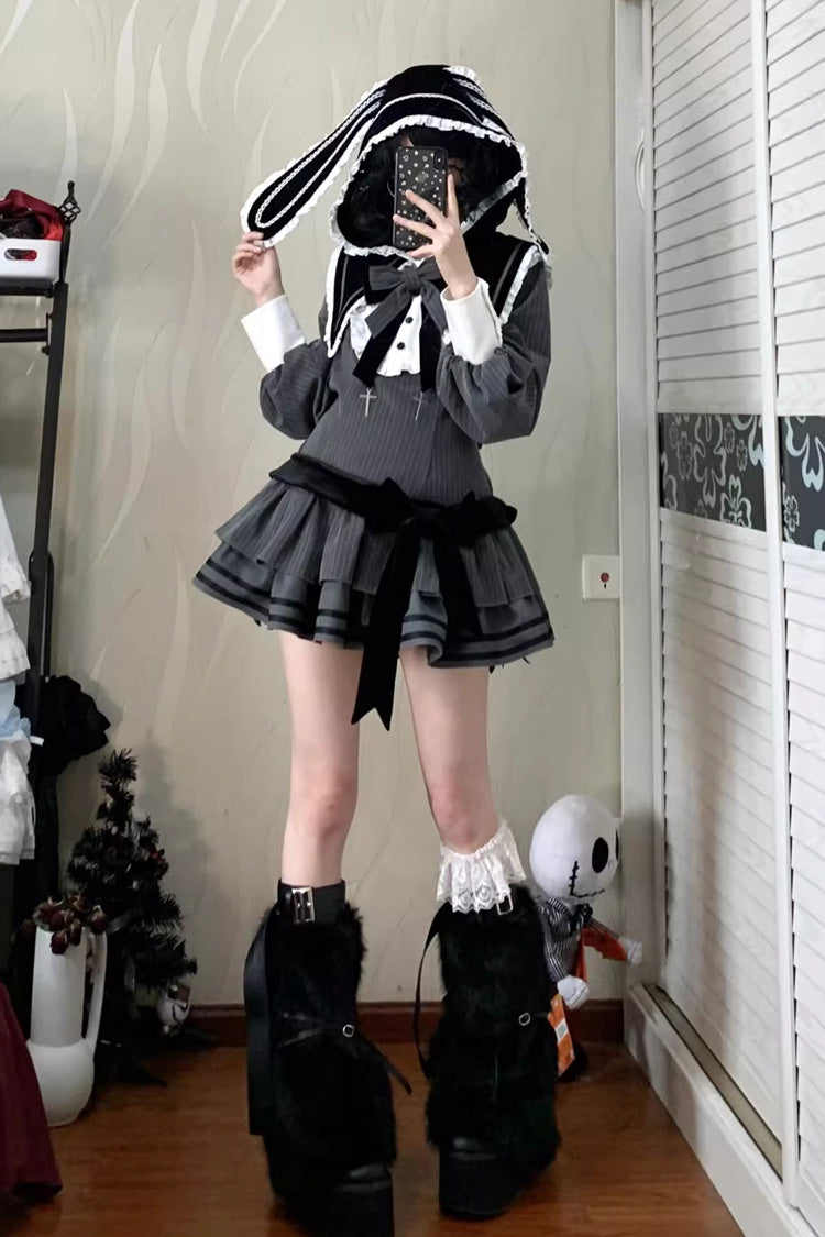 Black Bizarre Rabbit Opera Navy Collar Long Sleeves Print Ruffle Bowknot Gothic Lolita Dress