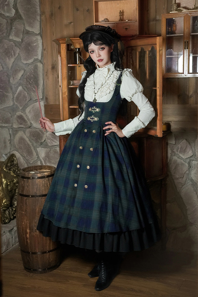 Blue/Green Berlin's letter Double-Layered Plaid Print Ruffle Bowknot Classic College Style Lolita Strap Dress Set 2 Versions
