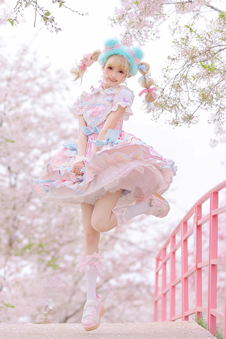 Pink Multi-layer Frosted Sugar Sweetheart Print Bowknot Sweet Lolita Jsk Dress