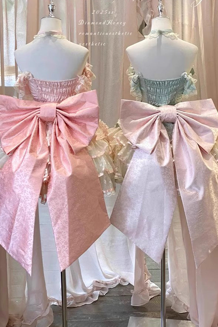 Pink Flower Language of Eros Halterneck Multi-Layered Ruffle Bowknot Rose Lace Lace-Up Sweet Ballet Lolita Jsk Dress