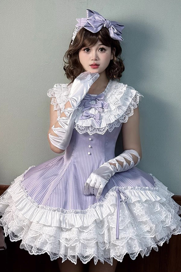Purple Miss Tsundere Sleeveless Multi-Layered Ruffle Bowknot Lace Asymmetric Sweet Princess Lolita Dress