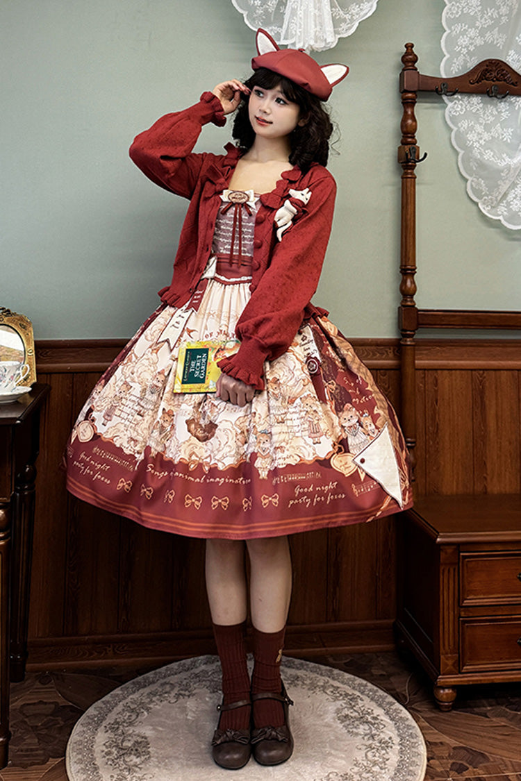 Wine Red Fox Band Print Square Collar Bowknot Classic Lolita Jumper Dress