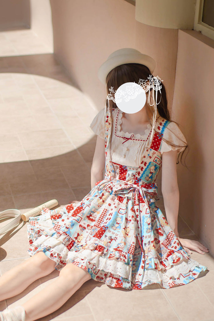 Multi-Color Linlang Painting Shop Sleeveless Multi-Layered Print Ruffle Sweet Vintage Lolita Jumper Dress