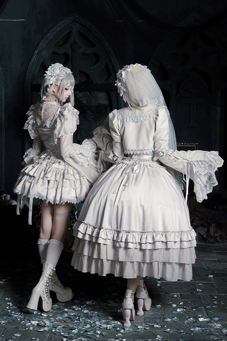 Solid Color Bionic Doll Square Collar Multi-Layered Ruffle Bowknot Lace-Up Gothic Lolita Long Skirt Corset Set