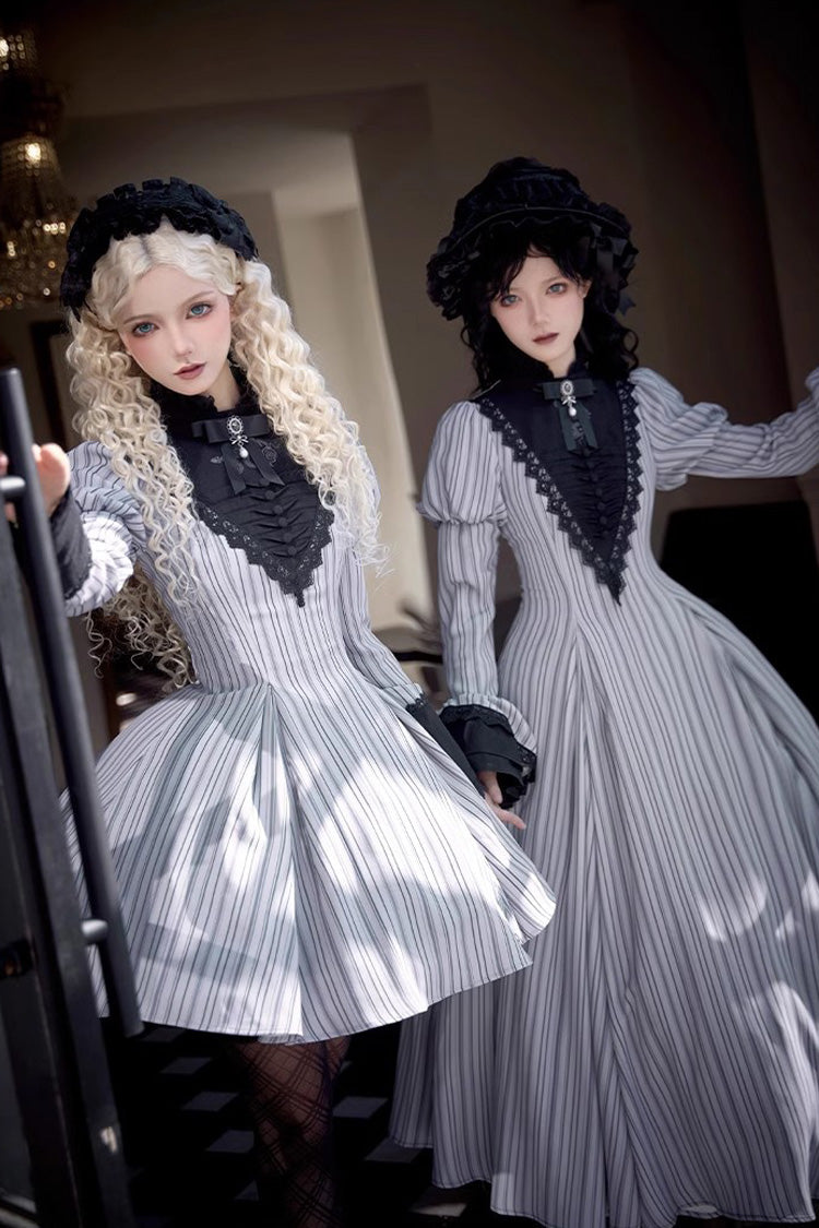 Light Grey Nocturne Vertical Stripes Print Ruffle Bowknot Lace Gothic Lolita Dress 2 Versions