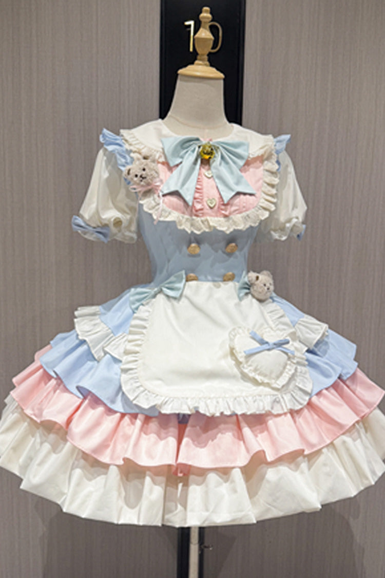 Blue/Pink Cream Puffs Short Puff Sleeves Triple-Layered Ruffle Bowknot Sweet Lolita Dress