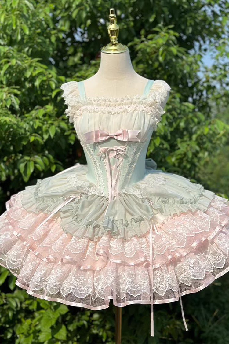 Green Bale Bebe Sleeveless Triple-Layered Ruffled Bow Lace-Up Sweet Ballet Lolita Dress