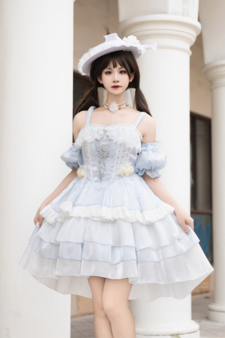 Light Blue Rose Of The Night Sea And Starry Sky Off Shoulder Multi-Layered Ruffle Embroidery Sweet Lolita Dress