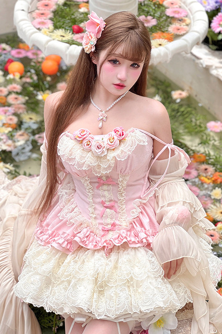 Pink Pure Dream Flower Love Multi-Layered Ruffle Embroidery Bowknot Lace Sweet Lolita Jsk Dress