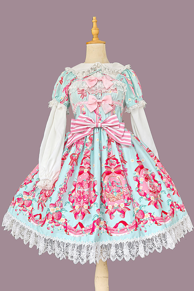 Strawberry Chef Short Sleeves Print Bowknot Lace Sweet Lolita Dress 4 Colors