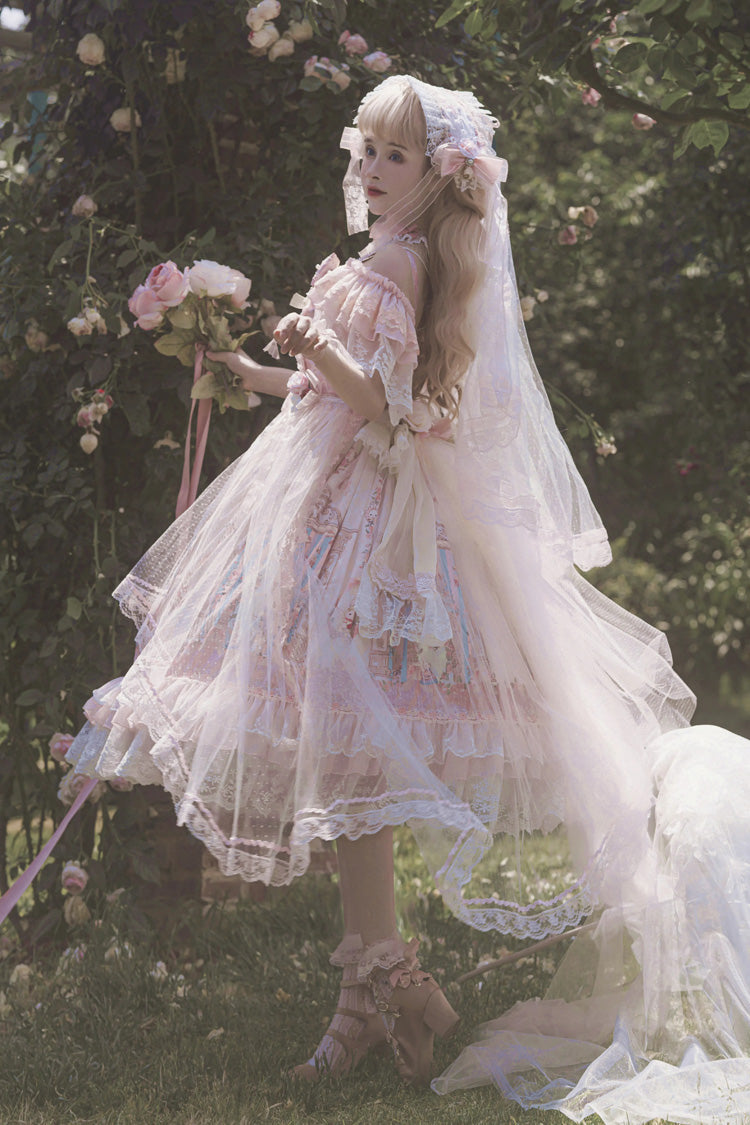 Pink Moonlight Melody Off Shoulder Sleeveless Multi-Layered Hanayome Open-Front Bow Lace Sweet Gorgeous Lolita Jsk Dress Set