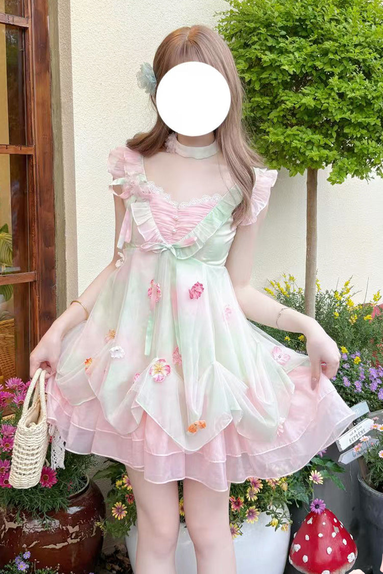 Pink/Green Dream of Flowers Sleeveless Print Ruffle Lace Sweet Princess Lolita Jsk Dress