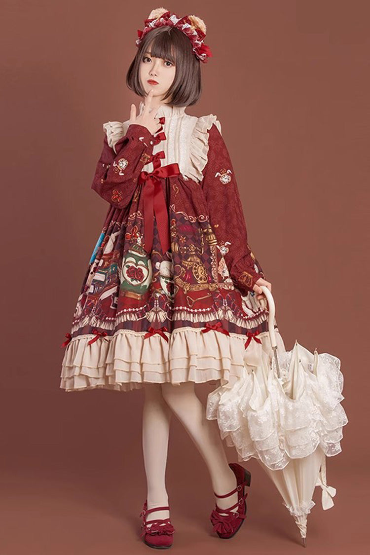 Rabbit and Bear Feast  Long Sleeves Multi-Layered Print Ruffle Bowknot Sweet Lolita Dress 2 Colors