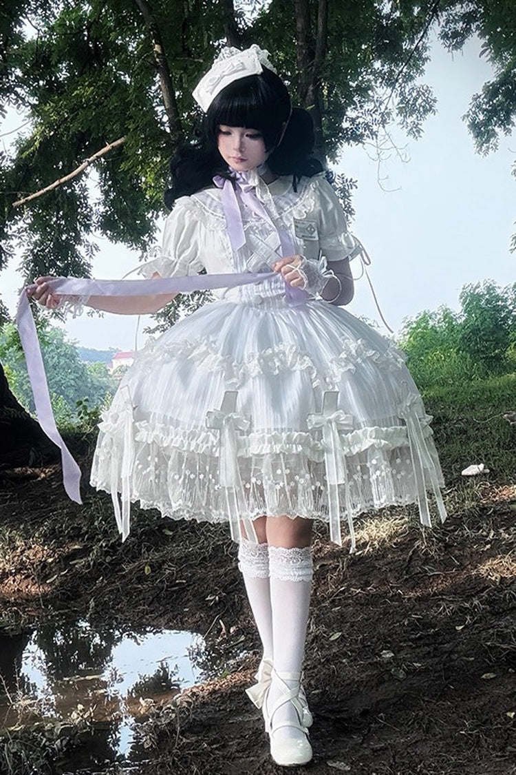 White Short Sleeves Ruffle Bowknot Lace Gothic Elegant Lolita Dress