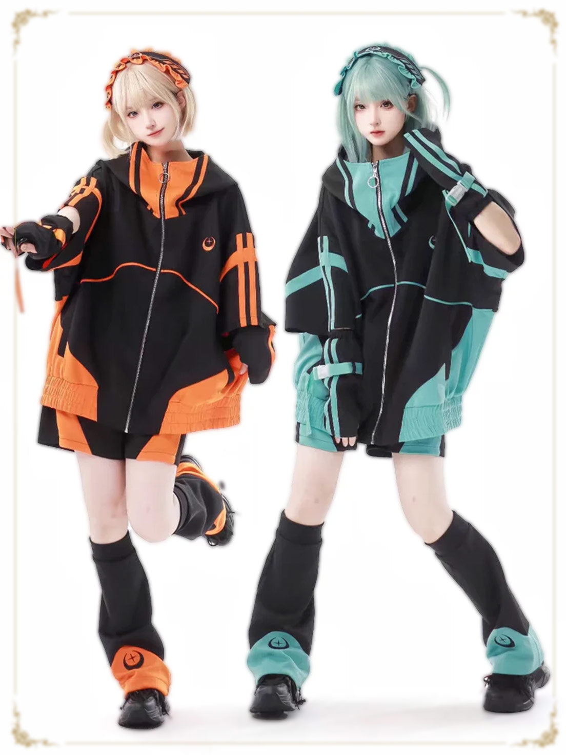 Jirai Kei Fashion Cyberpunk Techwear Set Orange Black Teal Black Futuristic Hoodie Oversized Sleeve Streetwear Edgy Outfit