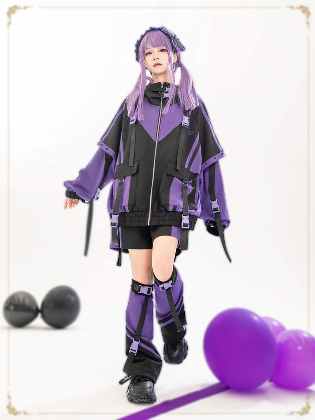 Jirai Kei Fashion Cyberpunk Techwear Set Purple Pink Blue Cat Ear Oversized Streetwear Edgy Outfit