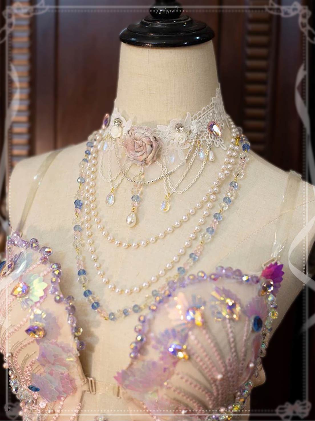 Lolita Necklace Handmade Rose Lace Choker Pearl Crystal Lolita Accessories
