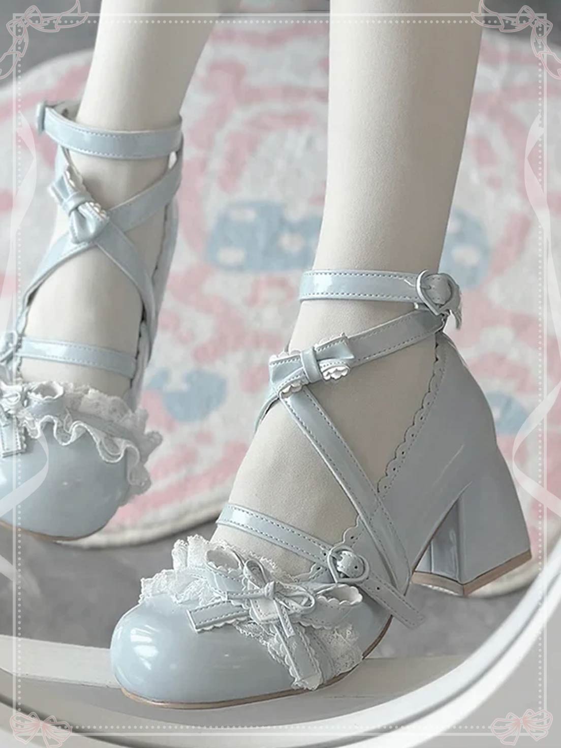 Lolita Shoes Classic Sweet Cute Block Mid-heel Bow Strap Lace Mary Jane