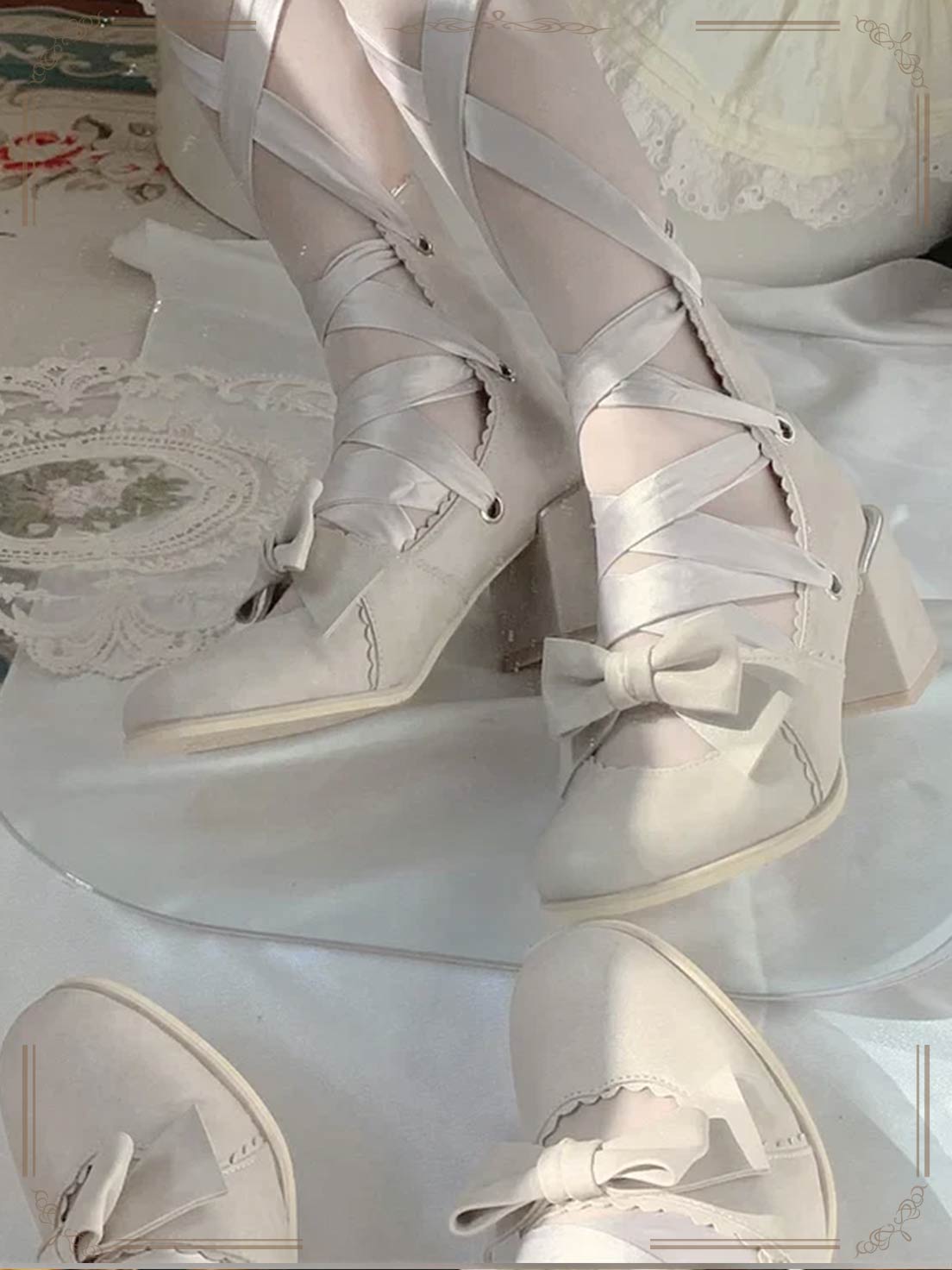 Lolita Shoes Red Red Pink Round Head Thick Strap Bow Elegant High Heels for Christmas