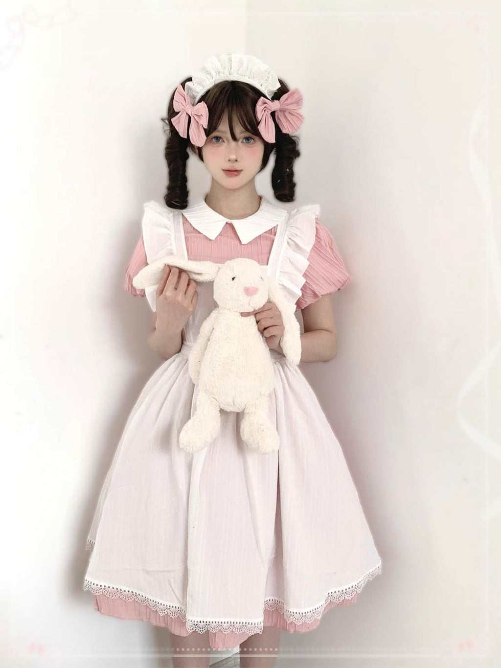 Maid Outfit Sweet Lolita Dress Powder Green Yellow Pink Classic Short Sleeve OP Apron Set