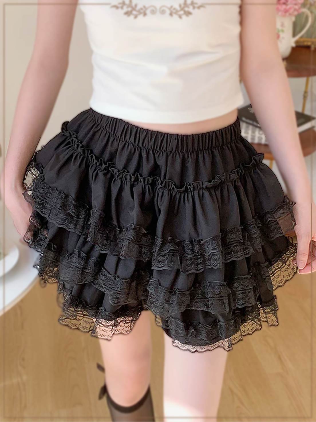 Petticoats Black Lace Trim ALine Skirt High Waisted Fluffy Cake Layered Skirt with Builtin Shorts