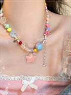 Pink Love Double Necklace Sweet Cool Sweater Chain Beaded Dog Cube Sugar