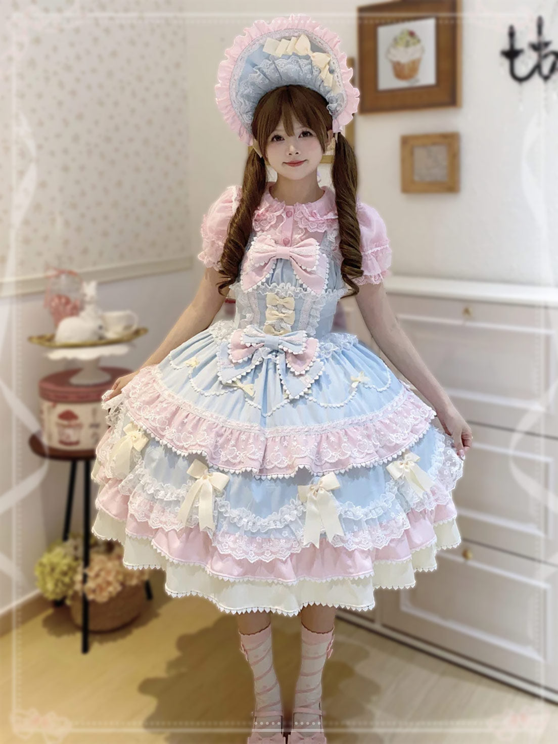 Sweet Hime Lolita Tea Party Fashion Cake Dress Pink Blue Bow Layer Lace Trimmed Lolita Dress 