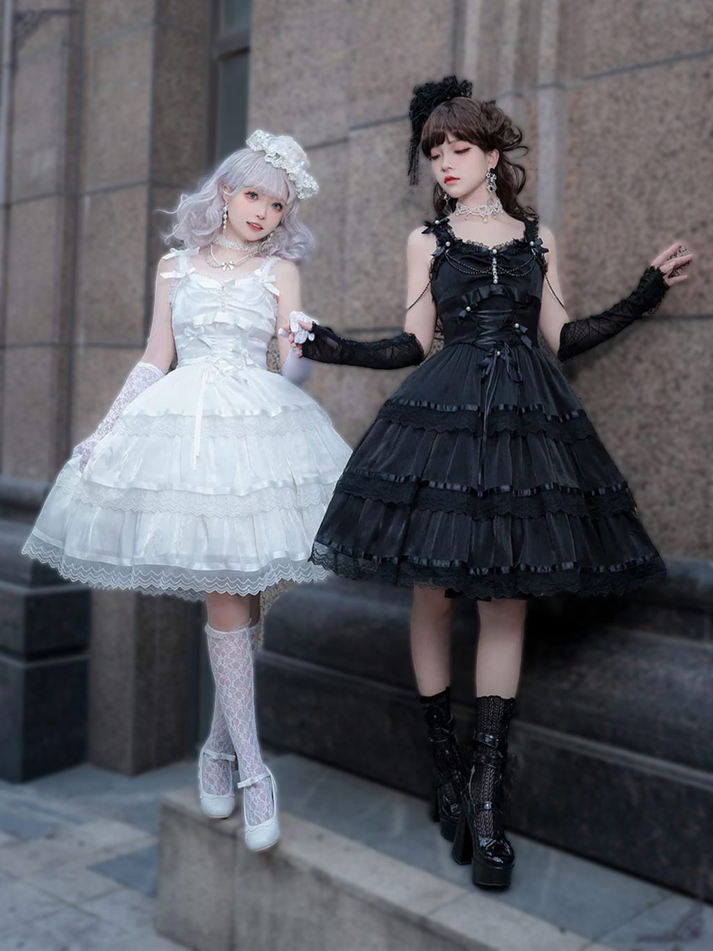 Sweet Lolita Chiffon Lace White Black Dress Bridal Goth JSK Elegant Dresses