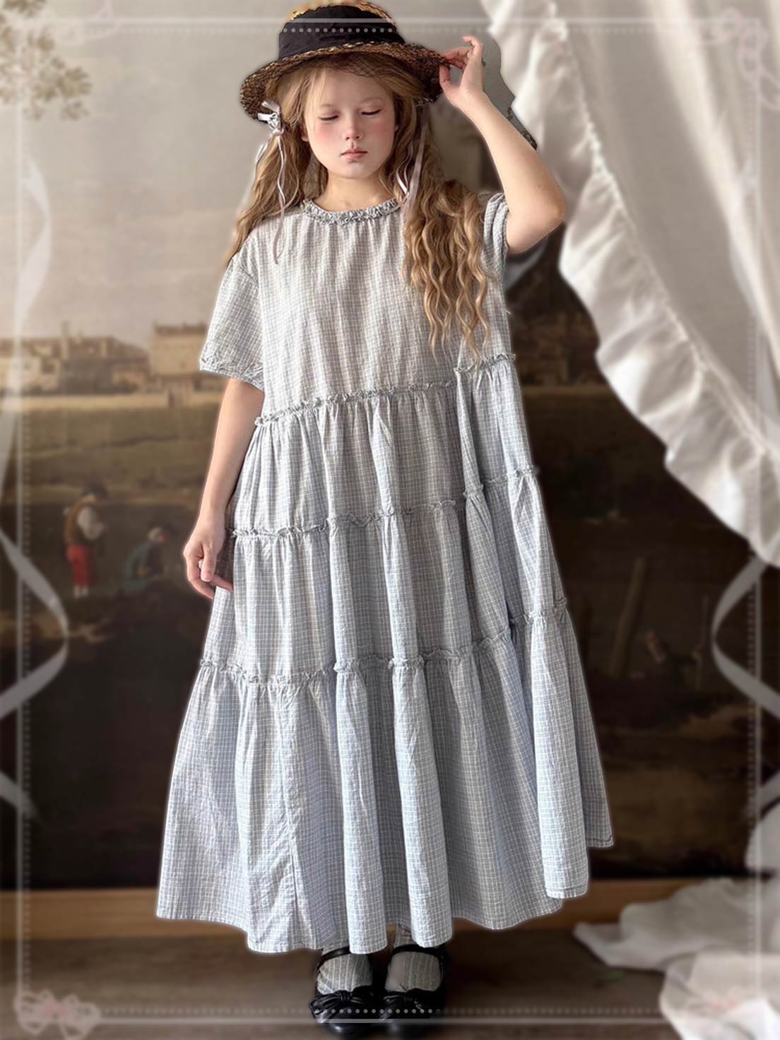 Sweet Lolita Dress Blue Lace Layer Puff Sleeve Plaid Summer Short Sleeve Round Neck