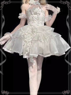 Sweet Lolita Lilac Dream Off Shoulder Lolita Dress White Party gown with Elegant Ribbon Details