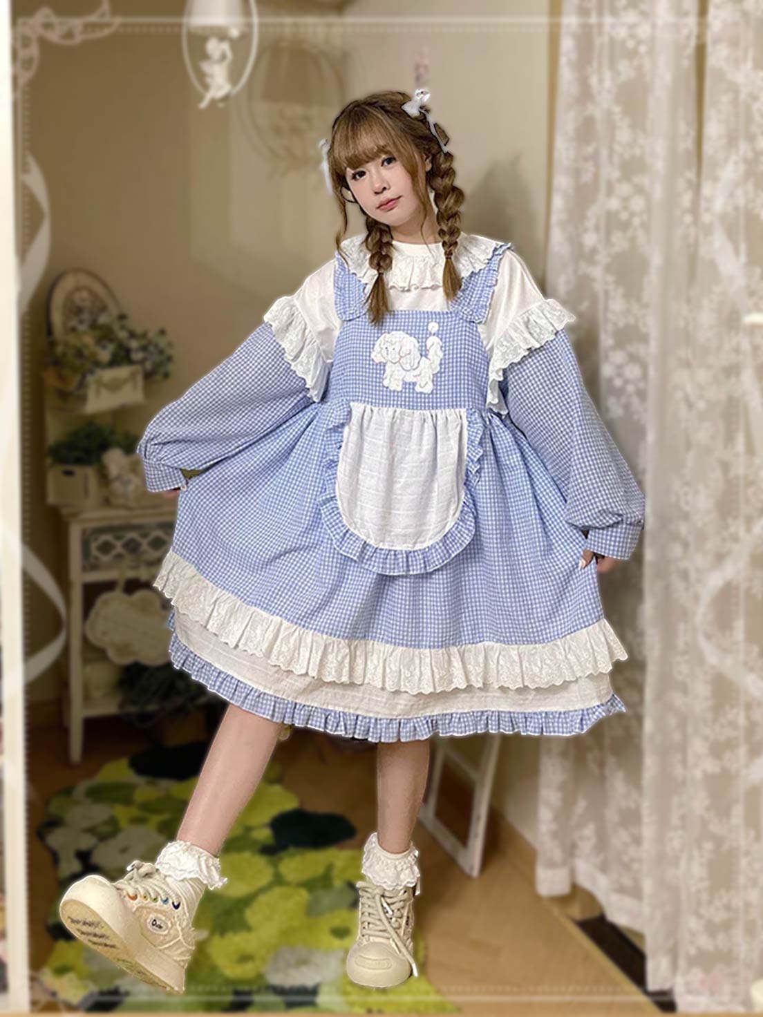 Sweet Lolita Suspender Dress Blue Pink Plaid Dog Print Sleeveless A-line Dress