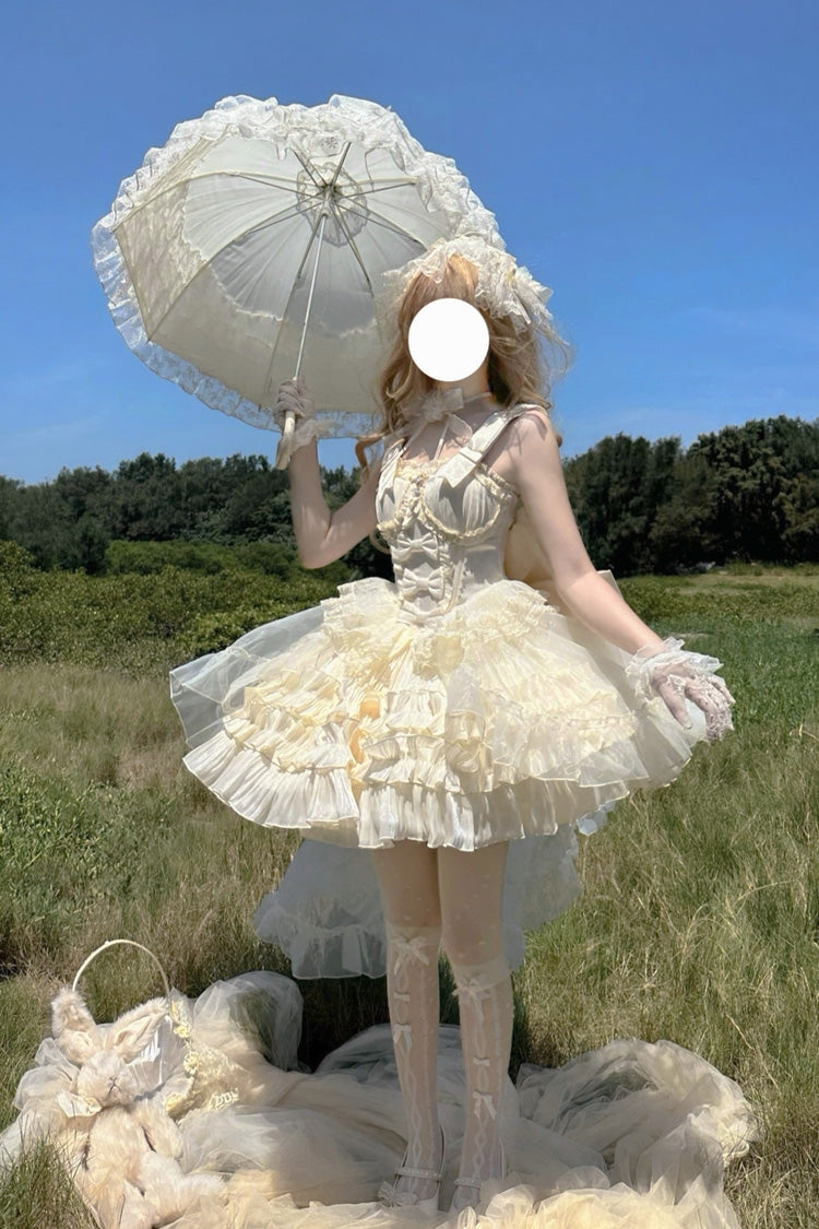 Apricot Cream Cake Sleeveless Multi-Layered Ruffle Bowknot Sweet Princess Lolita Jsk Dress Set