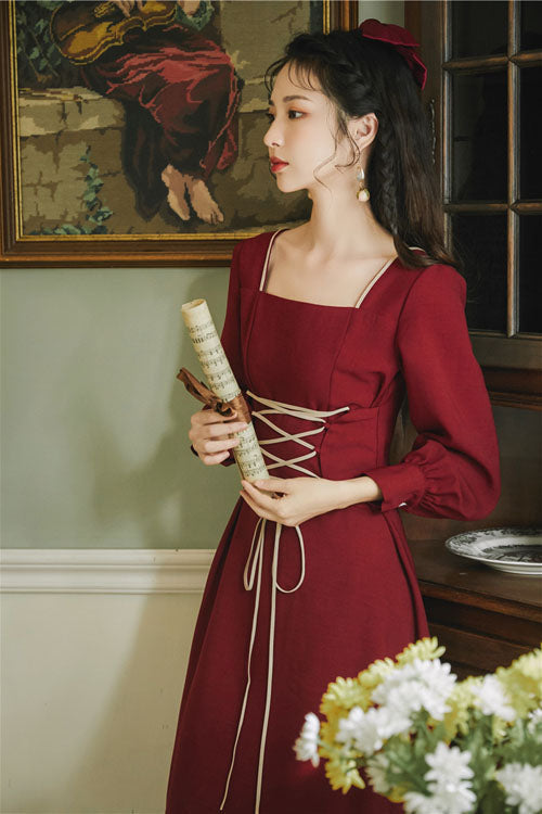 Wine Solid European Manor Square Collar Long Sleeves High Waisted Classic Lolita OP Dress