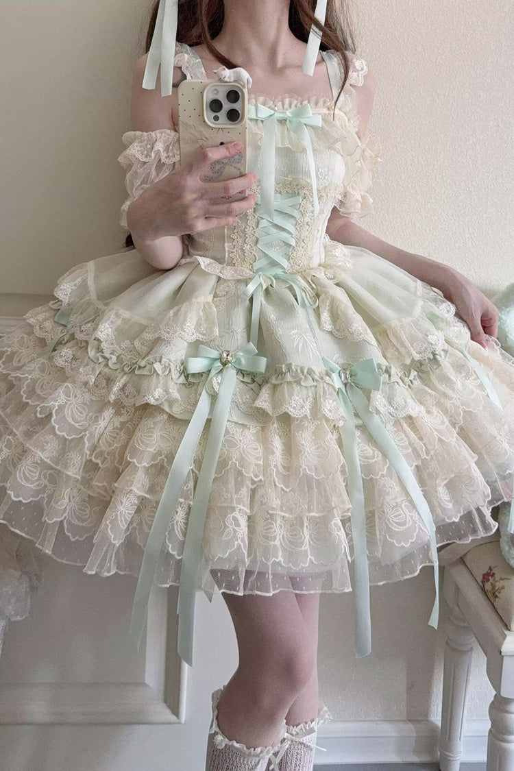 Green Ribbon Heart Love Sleeveless Multi-Layered Ruffle Bowknot Lace Lace-Up Sweet Princess Ballet Lolita Jsk Dress